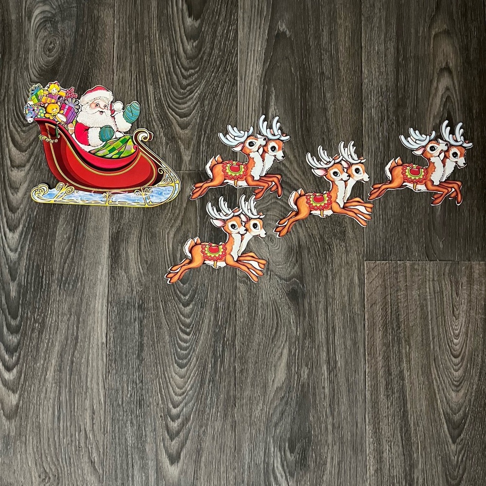 Vintage Beistle Santa Claus Sleigh & Reindeer Christmas Die Cut Decoration 5 Pc